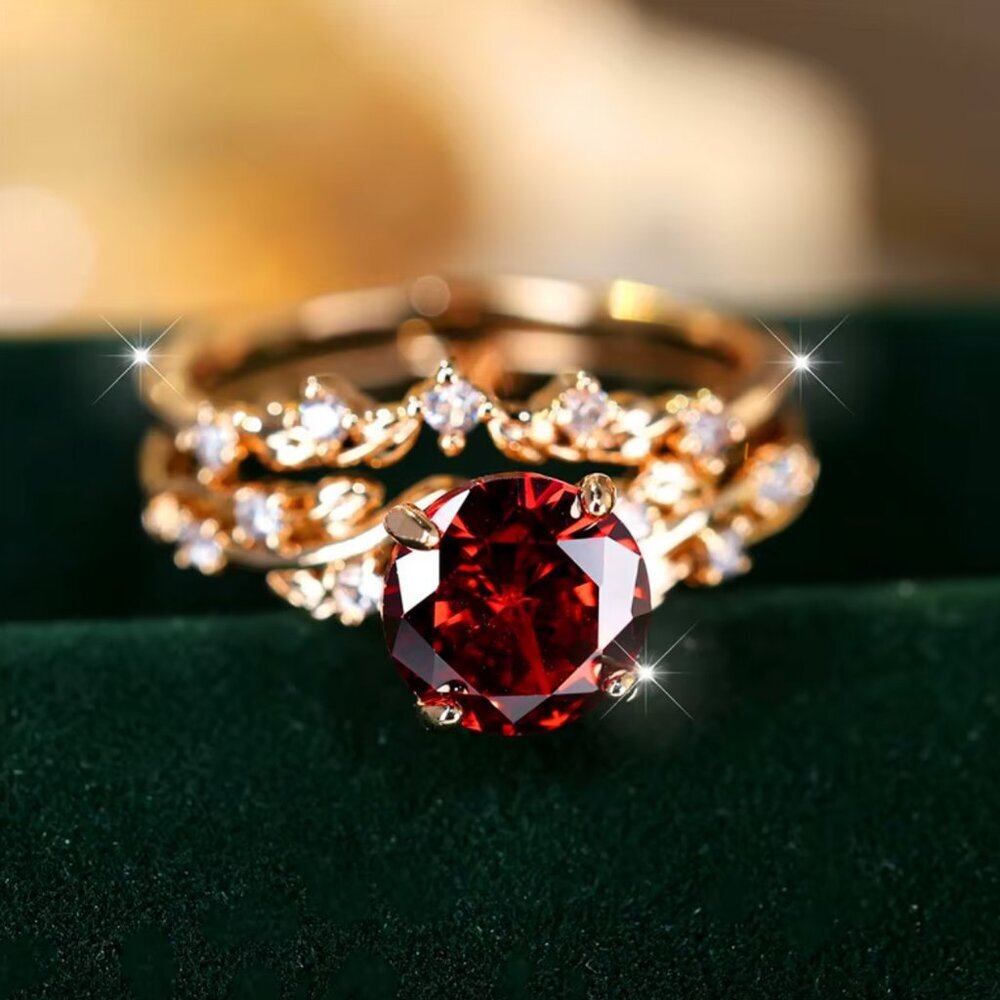 NEW 14k Yellow Gold Ruby Ring Round Cut Diamond Ring Set of 2 Bands